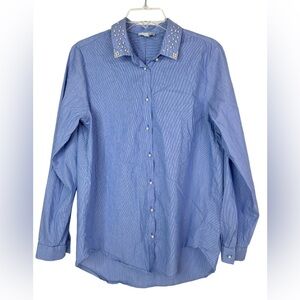 14th‎ & Union Top Women’s Medium Button Up Shirt Faux  Pearl Collar Cuffs Blue